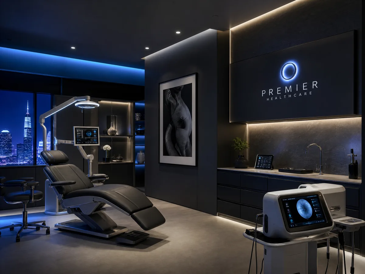 Interior de clínica médica moderna com iluminação azul e equipamentos sofisticados