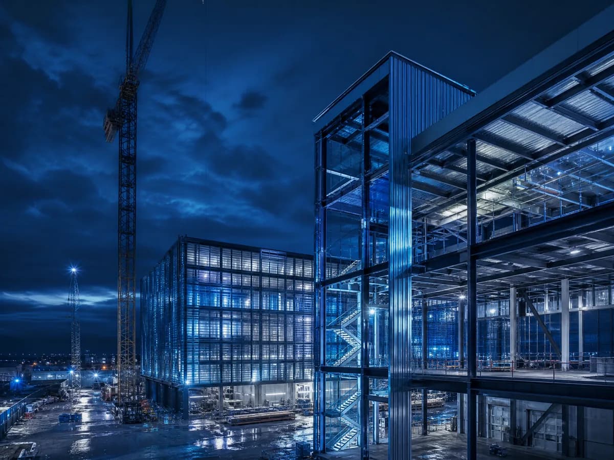 Canteiro de obras moderno ao entardecer com iluminação dramática