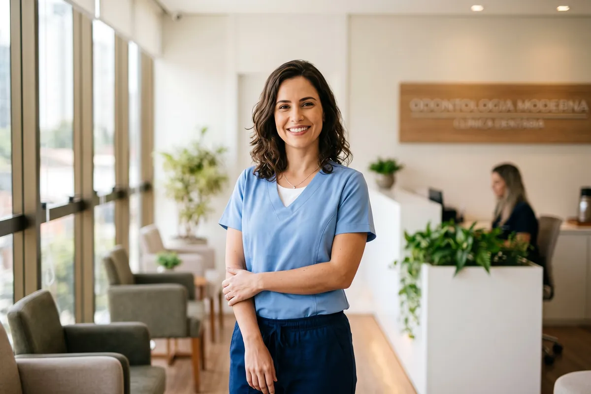 Dentista brasileira sorrindo na recepção enquanto usa o celular