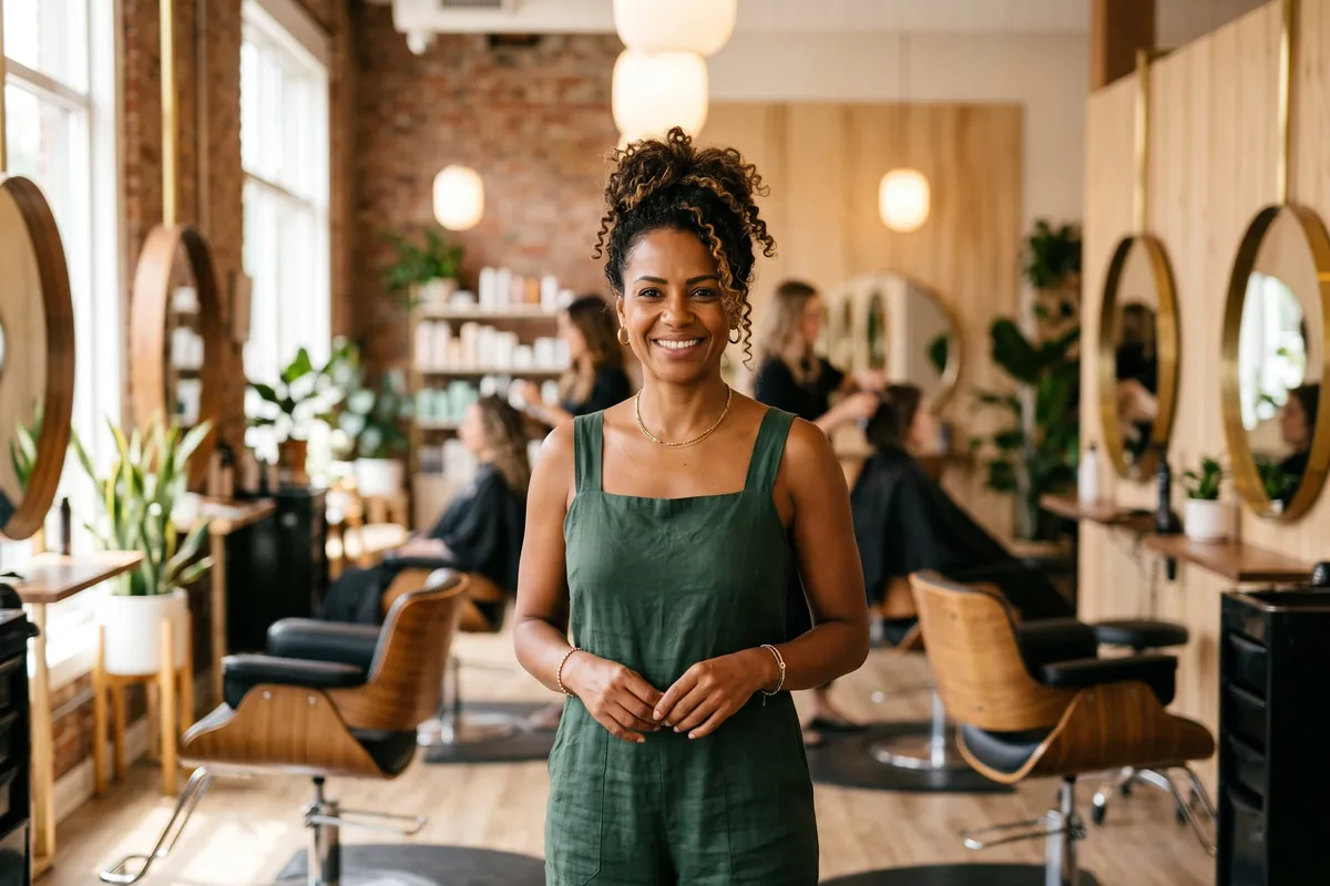 Dona de salão brasileira sorrindo na recepção com celular na mão