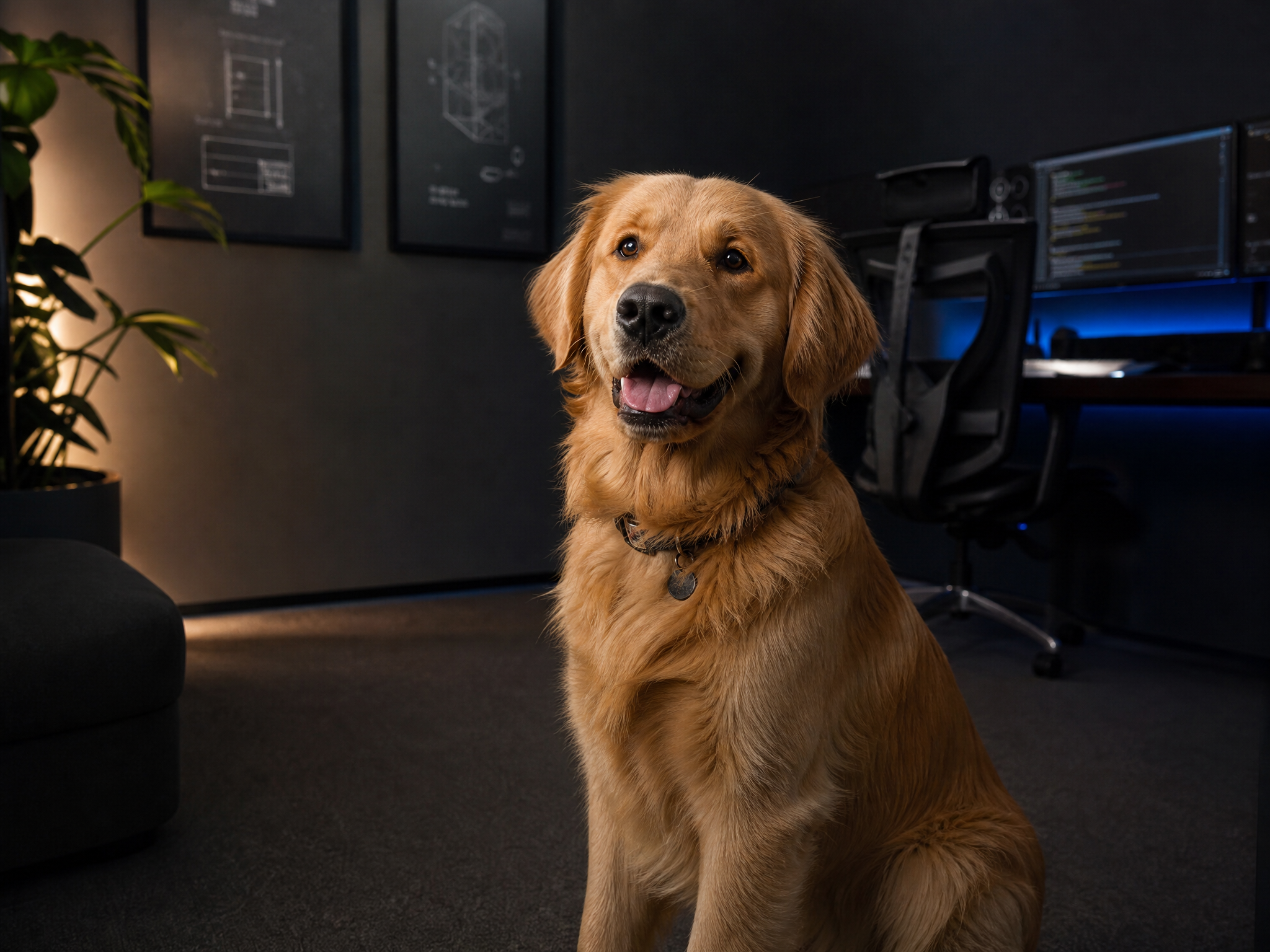 Cachorro em ambiente moderno e tecnológico com iluminação premium