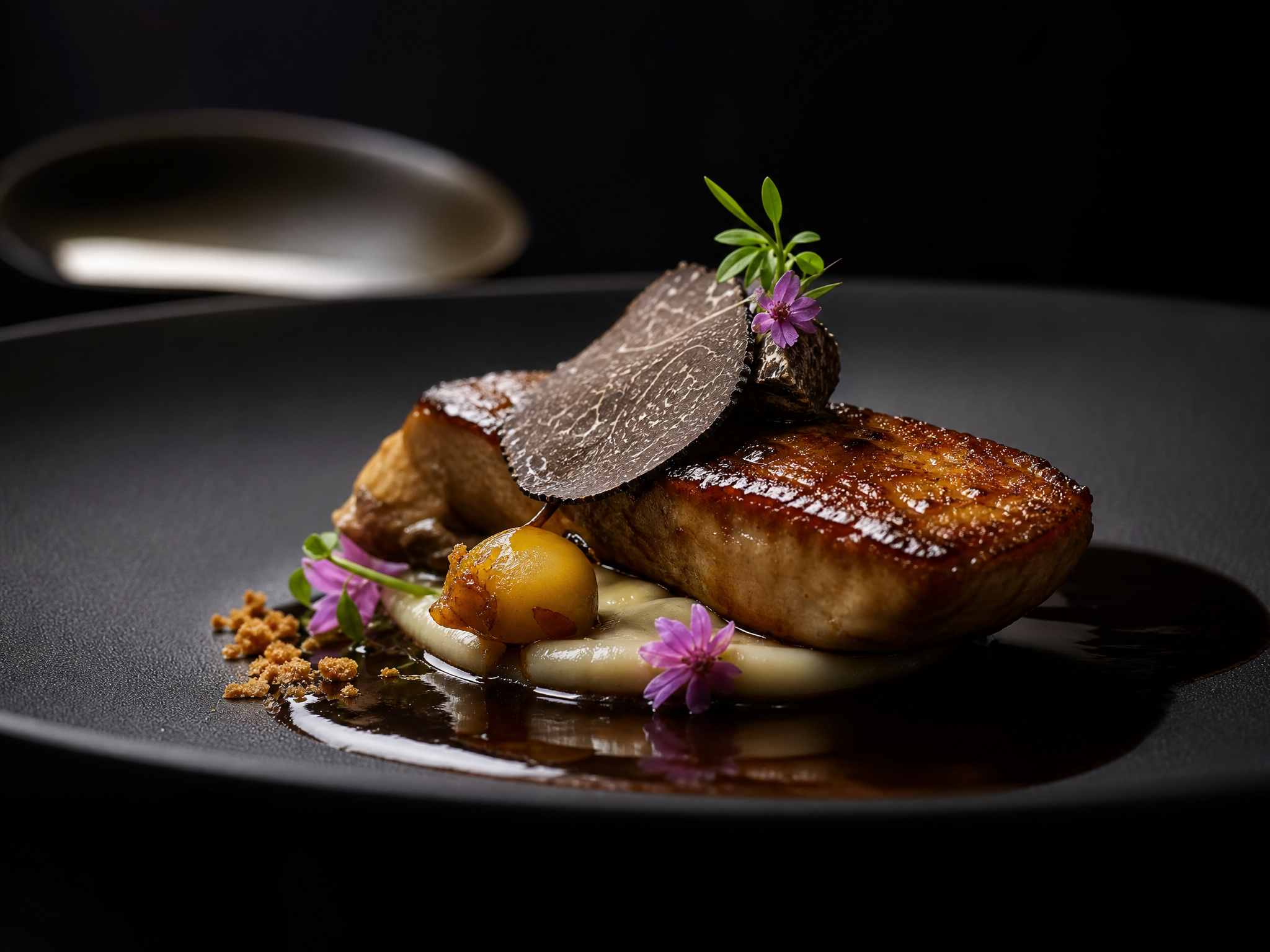 Prato gourmet sofisticado com fotografia gastronômica premium